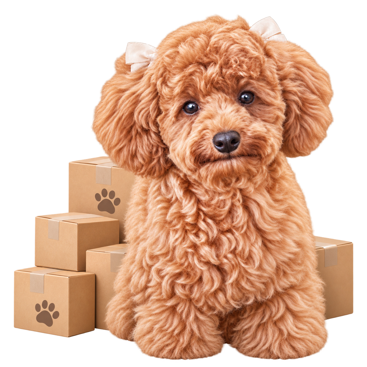 Cachorro claro ao lado de caixas de produtos